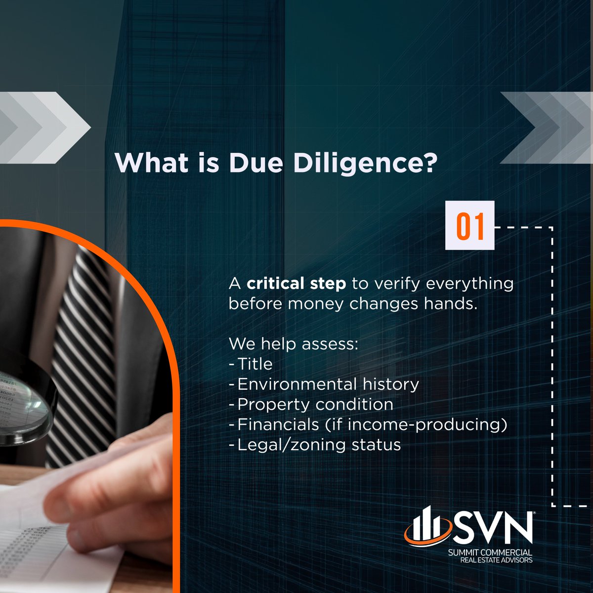 SVNSummitCRE's tweet photo. We’re at Step 4 of our 5 Steps to Closing a CRE Deal: Due Diligence.
Inspections, title &amp; zoning checks, financial reviews, this phase protects every dollar before closing.
Skip it and risk surprises. Do it right and safeguard your investment.
#CRE101 #SVNDifference #DueDiligence https://t.co/QSIBJbvM3f