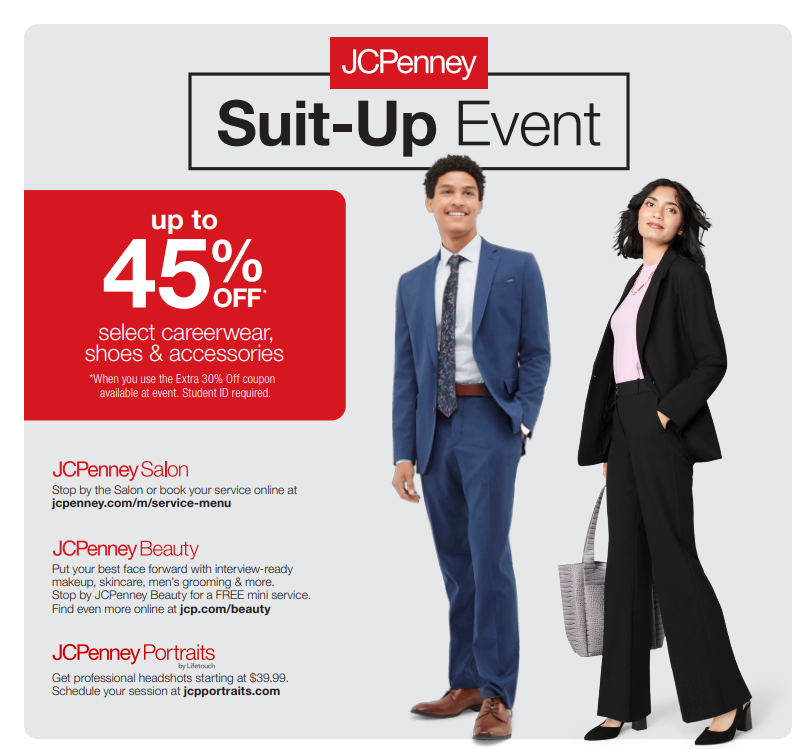 🔥 This Friday: JCPenney Suite Up Event!
📅 Oct 3 | 3-6 PM 💰 45% off coupon + $50 gift card drawings 
👔 Professional styling advice

Before homecoming festivities, invest in your future! 30 mins = major wardrobe upgrade ✨

#SuiteUp #CareerReady #HSUTXCareers