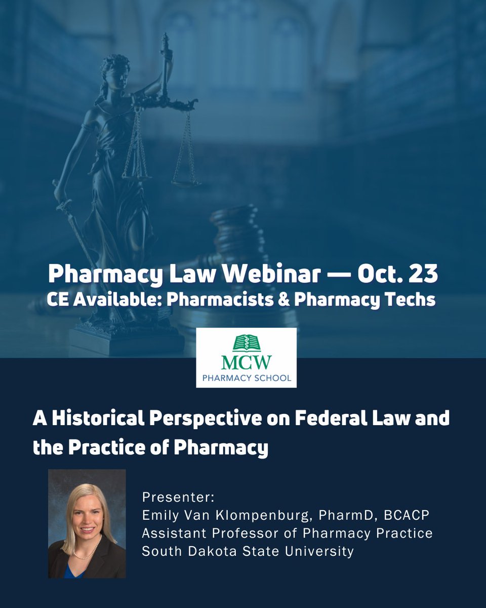 Register for our upcoming Pharmacy Law Webinar on Thursday, Oct. 23 at 12pm Central Time! 
A Historical Perspective on Federal Law and the Practice of #Pharmacy
#CE is available for pharmacists and pharmacy technicians. 
<a href="/SDStatePharmacy/">SDSU Pharmacy and Allied Health Professions</a> 
Register: mcw.webex.com/weblink/regist…
