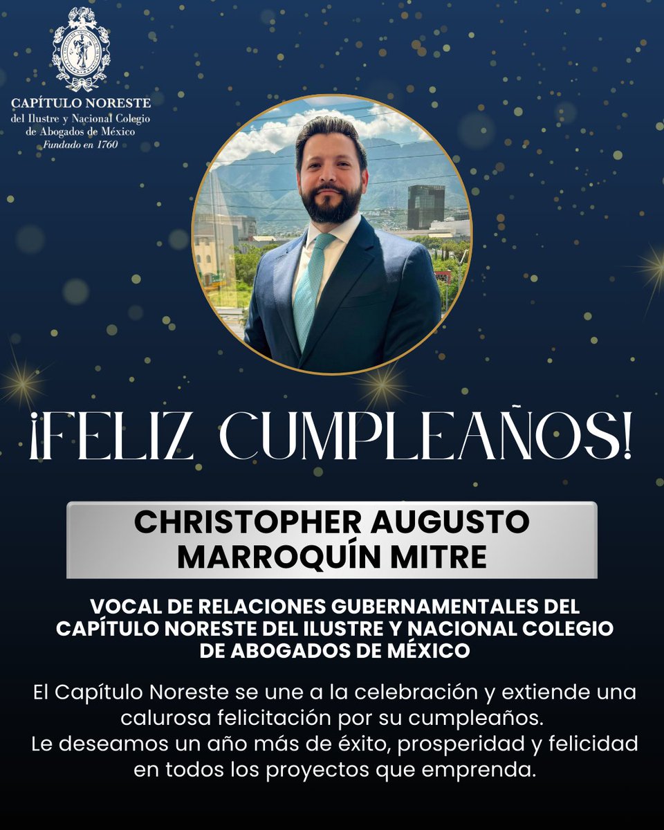 ¡Feliz cumpleaños, Christopher Augusto Marroquín Mitre! 🎂

En nombre del Capítulo Noreste del Ilustre y Nacional Colegio de Abogados de México, nos unimos a esta celebración y extendemos una calurosa felicitación a nuestro Vocal de Relaciones Gubernamentales.