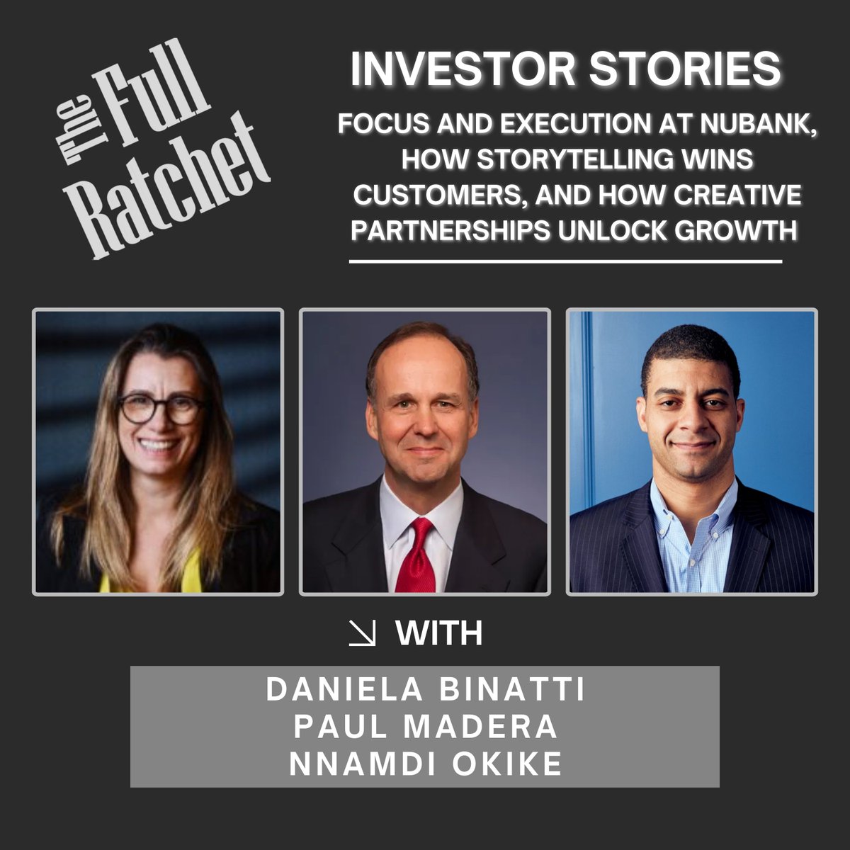 The Full Ratchet (@tfr_pod) on Twitter photo In this Investor Stories segment, <a href="/danibinatti/">Daniela Binatti</a> of <a href="/pismo_io/">Pismo</a>, Paul Madera of <a href="/MeritechCapital/">Meritech Capital</a> & Nnamdi Okike (<a href="/thedatavc/">Nnamdi Okike</a>) of <a href="/645ventures/">645 Ventures</a> share stories of exceptional founders — from <a href="/nubank/">Nubank</a>’s <a href="/velez_david/">David Velez</a> to <a href="/DealerSocket/">Solera | DealerSocket</a>, <a href="/rentspree/">RentSpree</a> & <a href="/overtime/">Overtime</a> — and traits that set them apart. In this Investor Stories segment, <a href="/danibinatti/">Daniela Binatti</a> of <a href="/pismo_io/">Pismo</a>, Paul Madera of <a href="/MeritechCapital/">Meritech Capital</a> & Nnamdi Okike (<a href="/thedatavc/">Nnamdi Okike</a>) of <a href="/645ventures/">645 Ventures</a> share stories of exceptional founders — from <a href="/nubank/">Nubank</a>’s <a href="/velez_david/">David Velez</a> to <a href="/DealerSocket/">Solera | DealerSocket</a>, <a href="/rentspree/">RentSpree</a> & <a href="/overtime/">Overtime</a> — and traits that set them apart.