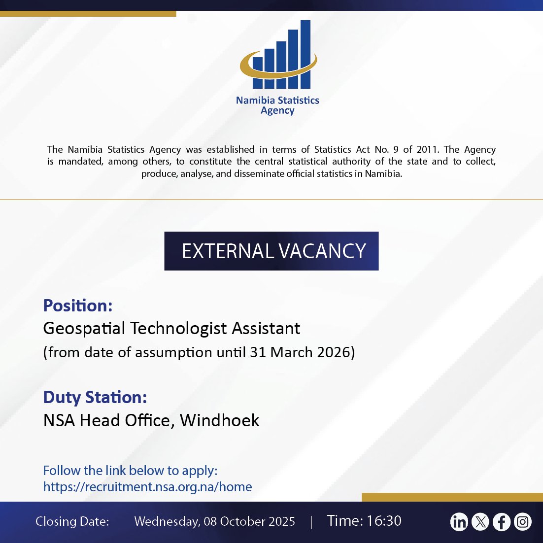 namstatsagency's tweet image. 🔵 We&apos;re Hiring: Geospatial Technologist Assistant (Contract-Based) 🌍

Do you have at least 1 year of experience in #geospatial technologies? 

If yes... we&apos;re looking for you!

 This is a great opportunity to grow your skills, work with innovative tech, and be part of #TeamNSA