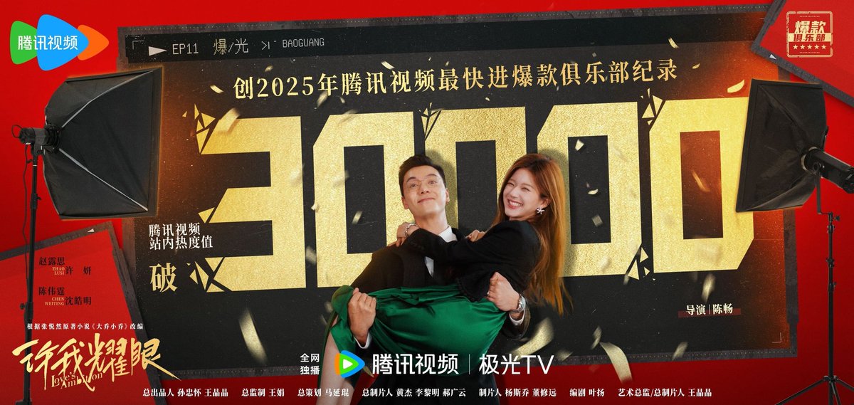 The popularity value on Tencent Video has exceeded 30,000, setting a record for the fastest entry into the Tencent Video hit club in 2025!

#LovesAmbition #许我耀眼 
#ZhaoLusi #จ้าวลู่ซือ #赵露思
#WilliamChan #เฉินเหว่ #陈伟霆