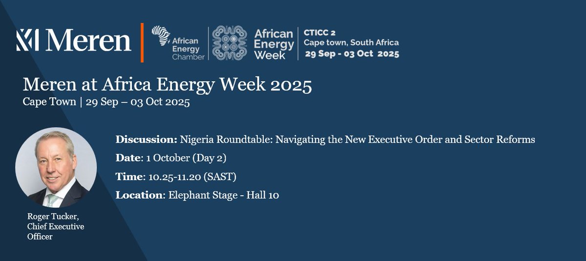 MerenInc's tweet photo. Dr. Roger Tucker, CEO at @MerenInc , is pleased to be speaking at #AEW25 African Energy Week 2025 in Cape Town on the Invest in Nigeria Roundtable: Navigating the New Executive Order and Sector Reforms panel discussion - on 1 October at 10.25-11.20 on the Elephant Stage - Hall 10.
He will share his views on how Nigeria is unlocking its upstream potential, creating an attractive and stable operating environment, and how Meren is positioning itself In the region.
#MER #AEW2025