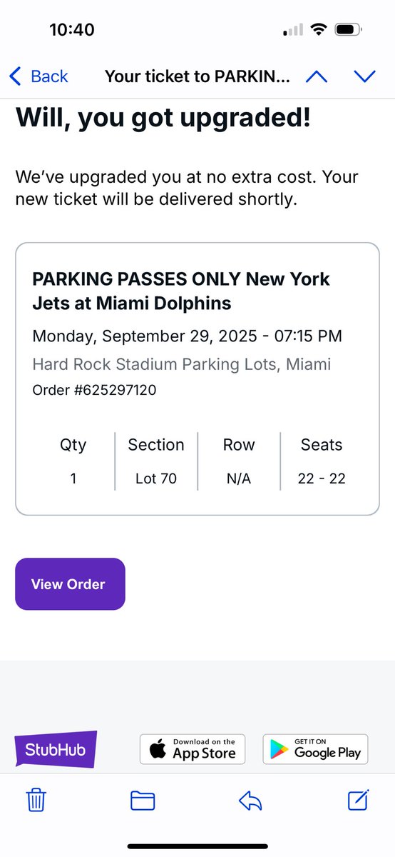 Willmvg's tweet image. Order and orange parking pass and @stubhub can’t get it delivered on time, so they replace it with something farther away and call it an upgrade!!!