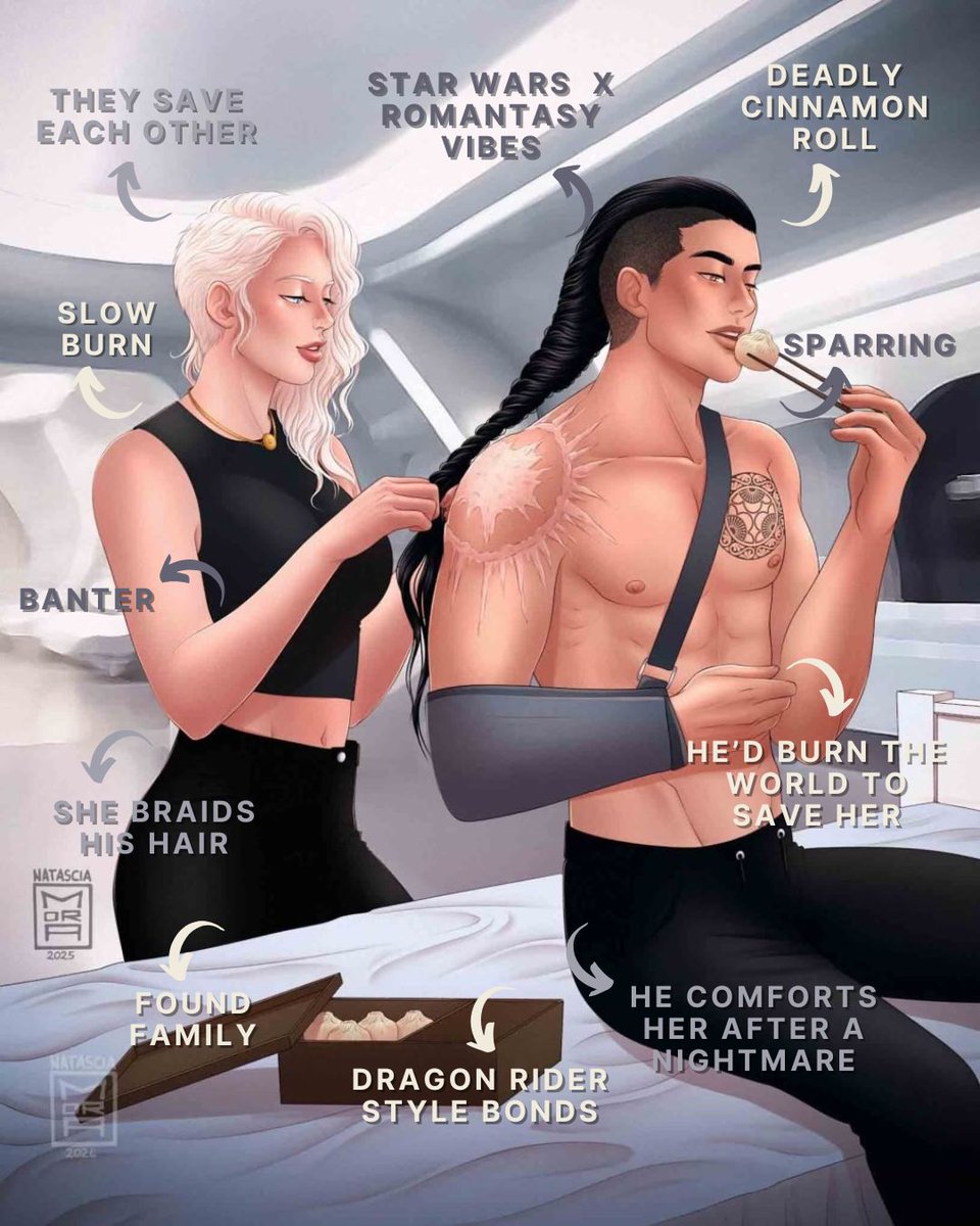 Star Wars x Romantasy, where the fate of humanity rests in the hands of a rogue running from her past and a commander exiled for his failures.

Tropes:
⭐️ Slow burn 
☄️Dragon rider style bonds with sentient starships 
⭐️ Found family 
☄️ Action &amp; adventure