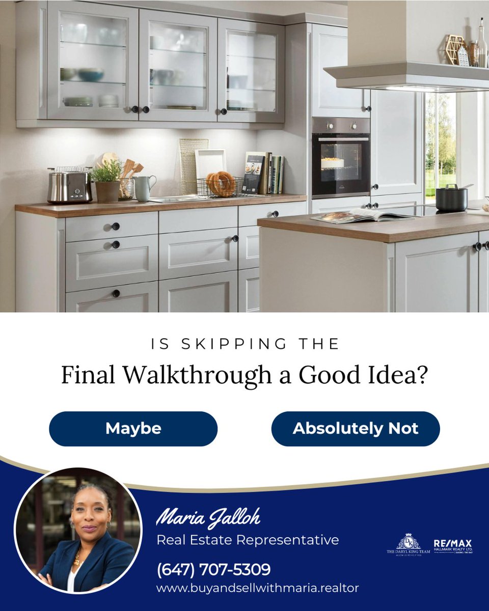MariaJalloh's tweet image. The final walkthrough is your last chance to inspect the home before closing. Use this step to confirm that all agreed-upon repairs are complete, fixtures and appliances are in place and working, and the property is in the condition expected.

#finalwalkthrough