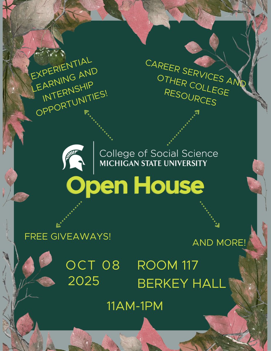 MSU_SocSci's tweet image. Join us on Wednesday, October 8th from 11am-1pm in Room 117 Berkey Hall for a College of Social Science Open House!
Talk with fellow students, learn more about college resources, and win free giveaways!
Can't wait to see you there!
#MSUSocialScience