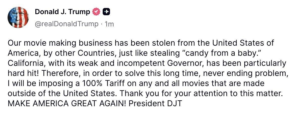 I strongly support bringing movie making back to California and the U.S. 

Congress should pass a bipartisan globally-competitive federal film incentive to bring back production and jobs, rather than levy a tariff that could have unintended and damaging consequences.

We have an