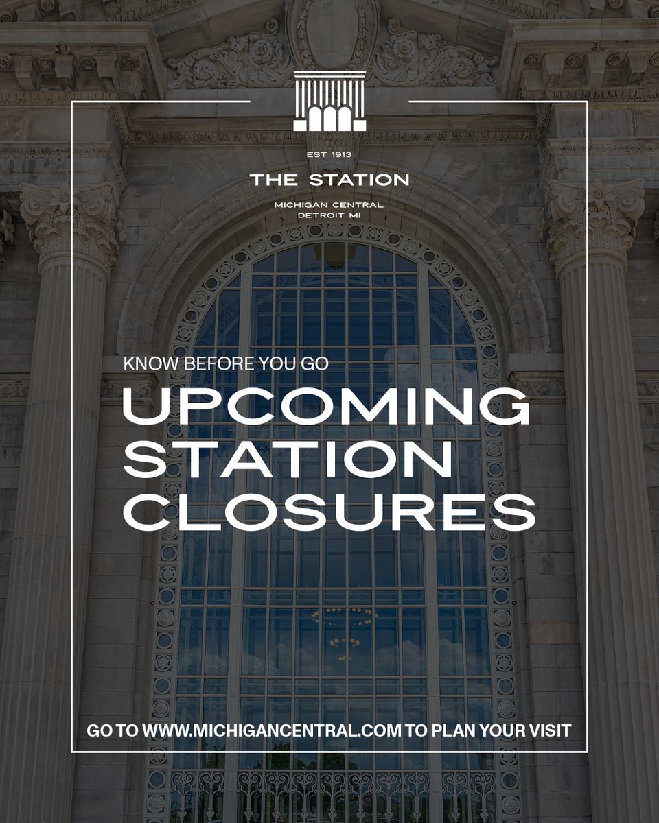 MichiganCentral's tweet photo. The Station at Michigan Central will be closed on the following dates: 

September 28–30
October 1–3
October 11
October 28–29

For information on parking, retail and planning your visit, head to https://t.co/G3n00pppB5. https://t.co/X3fLR3bTPD