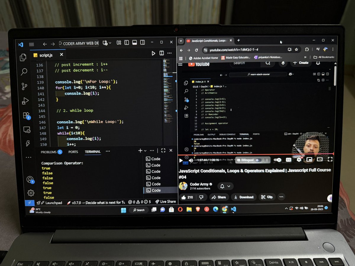 codewithpri's tweet image. Day 19 of WEB DEVELOPMENT ✅

@rohit_negi9 packed today’s class with so much 🔥

Operators, Special values (null, NaN), Loops, conditional statements, also CS biggest problem. Excited for next lecture 😭🙌🏻

#100DaysOfCode #JavaScript #100xDevs #WebDevelopment