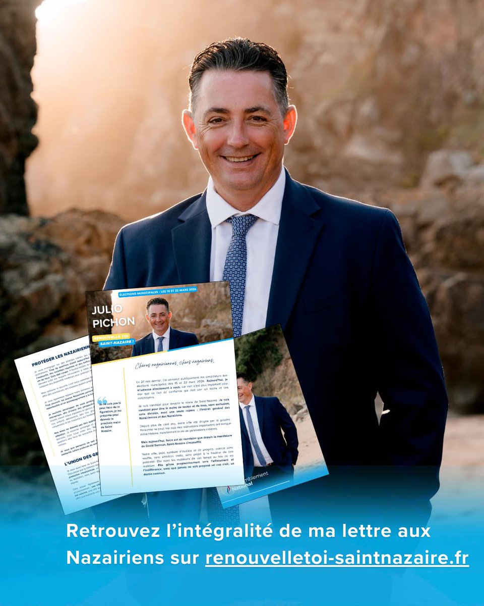Ma lettre aux nazairiennes et nazairiens 

Ensemble, redonnons à notre ville un avenir digne de son histoire et de son potentiel.

✉️ Retrouvez ma lettre aux Nazairiens sur

renouvelletoi-saintnazaire.fr/2025/09/elemen…

#PICHON2026 #Municipales2026 #renouvelletoisaintnazaire #saintnazaire #RN