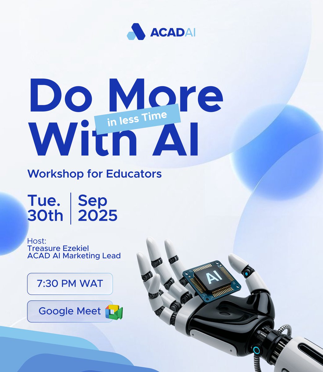acad__ai's tweet image. What if AI could grade, plan &amp;amp; simplify your teaching workload without stealing your job? 🚀
Learn how to grade in minutes, prep lessons faster &amp;amp; free up your time.
📅 Sept 30 | 🕢 7:30 PM WAT

Free credits + Certificate included for attendees! 
Register: luma.com/cdyenkcx