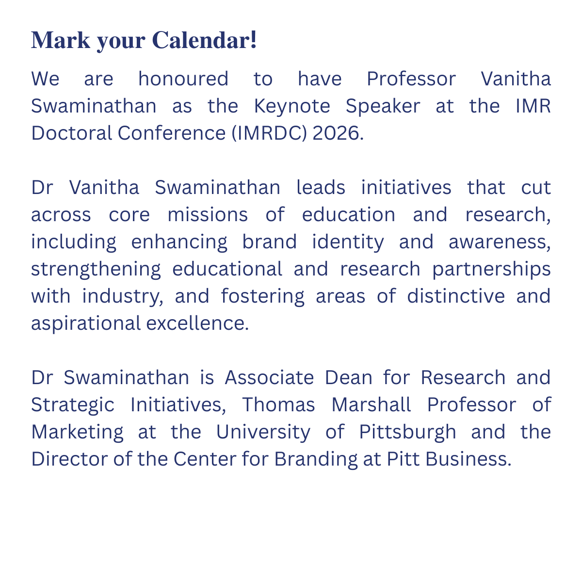 IMR_IIMB's tweet photo. IMRDC2026: Delegate registration: https://t.co/u6jI0zG8J0
More Information about IMRDC 2026: https://t.co/oZWOCdkd1J
Prof. Vanitha Swaminathan: https://t.co/OPUiNbqAP8 #IIMB #IMRDoctoralConference #IMRDC #IMRDC2025 #KeynoteSpeaker #IMRDC2026 #IIMBManagementReview #Networking https://t.co/01646eXwzK