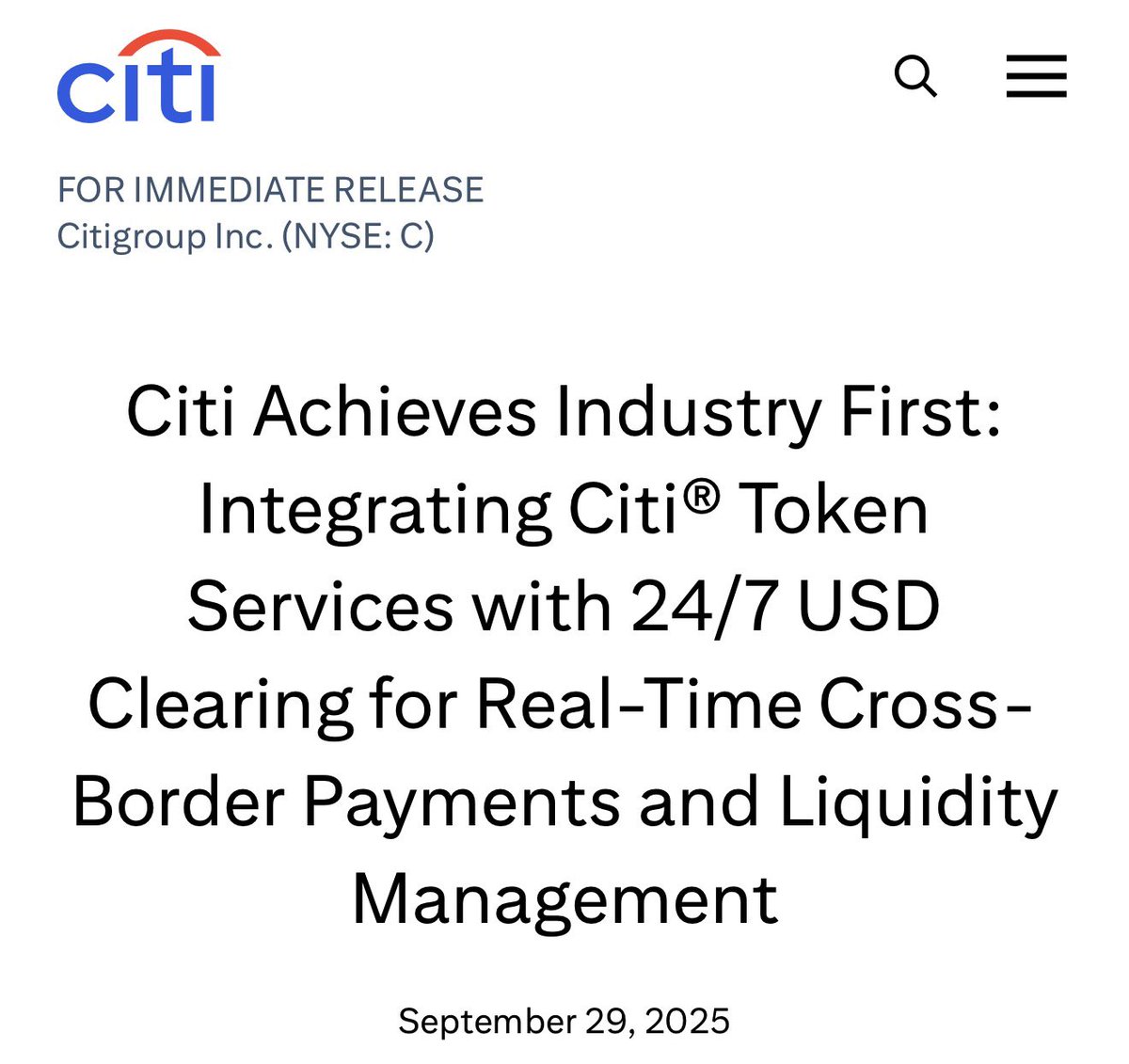 Citi will integrate its blockchain platform, Citi Token Services, with USD Clearing to provide 24/7 instant cross-border payments between banks for institutional clients in the US and UK citigroup.com/global/news/pr…