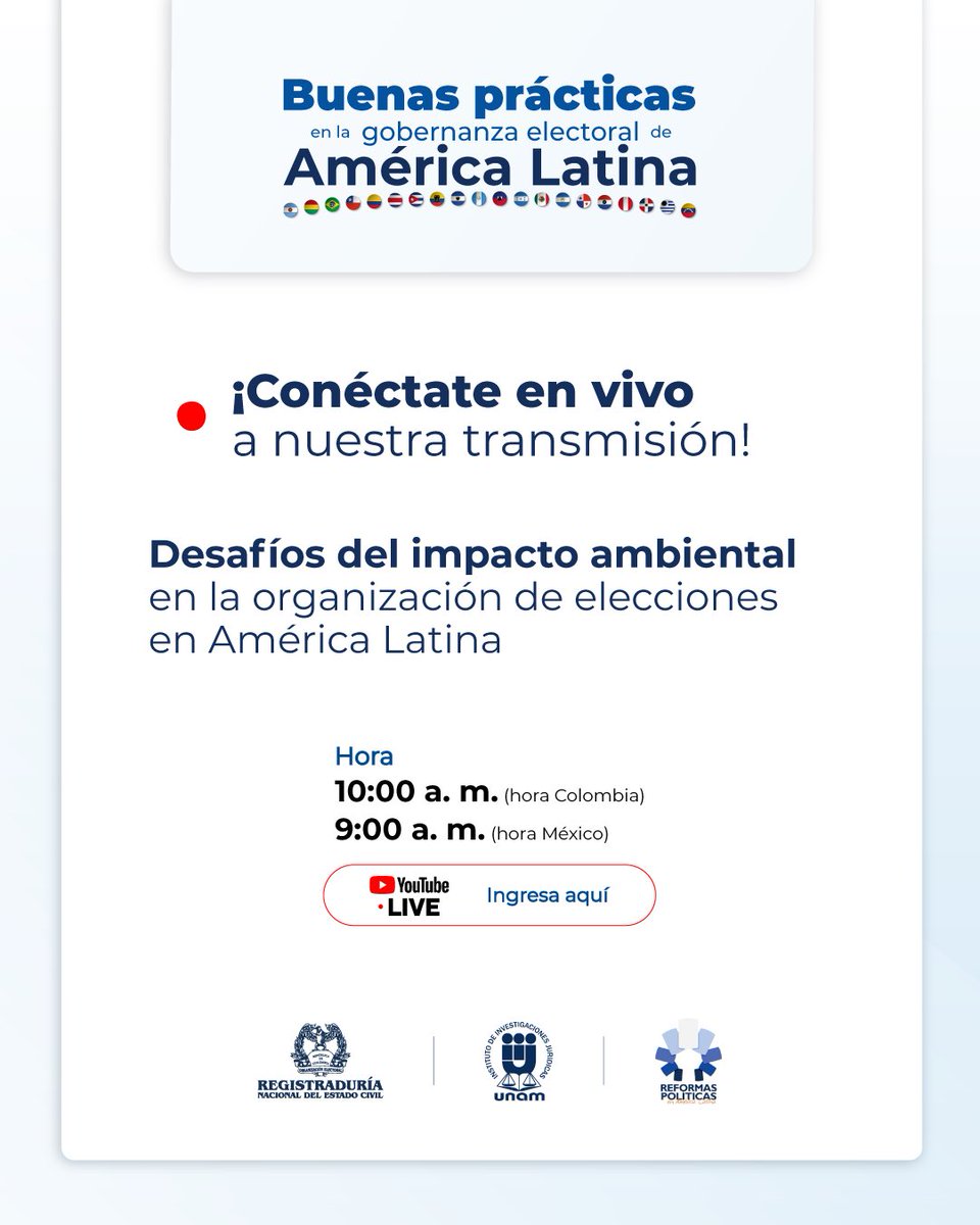 🔴 #EnVivo | ¿Cómo reducir el impacto ambiental en las elecciones?

Este 29 de septiembre, especialistas de América Latina comparten experiencias y desafíos para lograr procesos democráticos más sostenibles.

⏰ 10:00 a. m. (Colombia 🇨🇴) | 9:00 a. m. (México 🇲🇽)

📲▶️ Conéctate