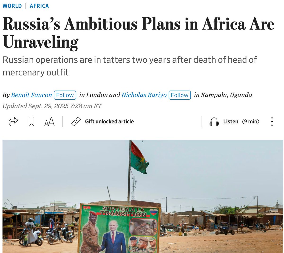 “Wagner’s failures in Mali should serve as a warning to other regimes across Africa that Russia is neither a reliable partner nor a quick fix for your problems.” -Justyna Gudzowska, Executive Director of The Sentry

Russia, not long ago a rising military force in Africa, is now
