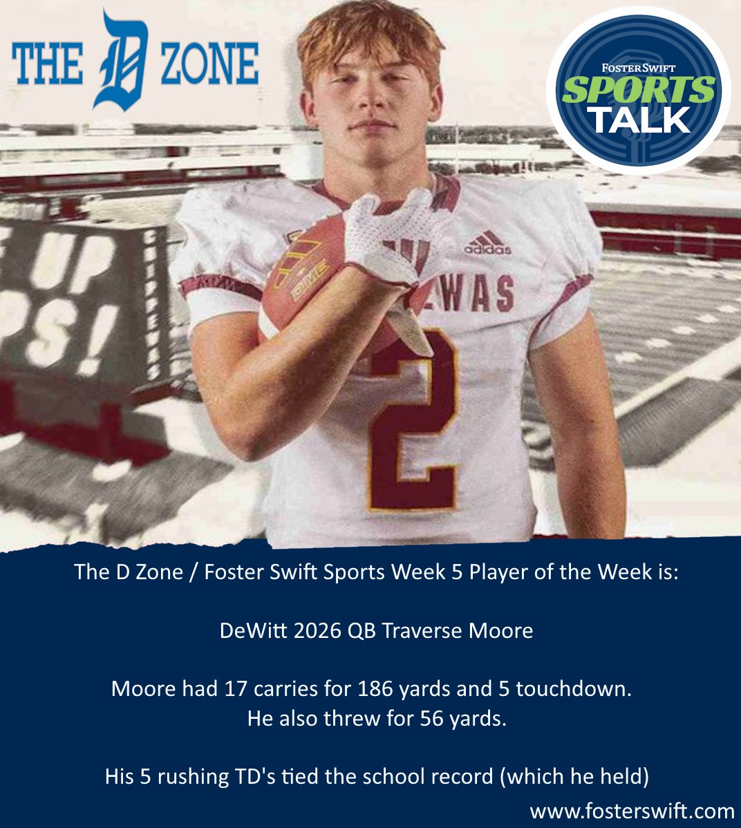 The D Zone (@thed_zone) on Twitter photo The D Zone / Foster Swift Sports Week 5 Player of the Week is Traverse Moore.
Moore rushed for 5 TD's in their 58-7 win over East Lansing.
Moore's 5 rushing touchdowns tied a school record that he already set.
Moore is committed to Central Michigan.
Learn more about Foster The D Zone / Foster Swift Sports Week 5 Player of the Week is Traverse Moore.
Moore rushed for 5 TD's in their 58-7 win over East Lansing.
Moore's 5 rushing touchdowns tied a school record that he already set.
Moore is committed to Central Michigan.
Learn more about Foster