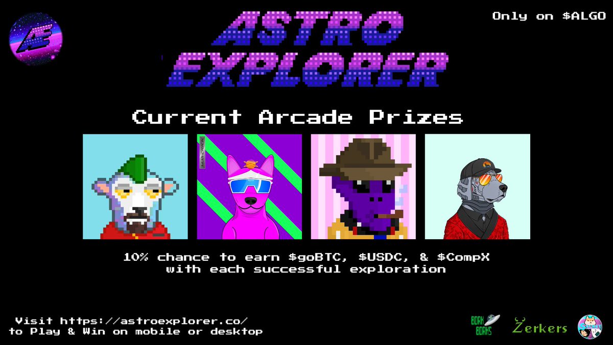 Astro_Explorer_'s tweet image. October prizes are live inside the Astro Explorer arcade! Earn these NFTs alongside $goBTC, $USDC, and $CompX throughout the month. 😎
New to the arcade? Hit the link in our bio to play, win, earn, and join the community! 💙
Have fun, explorers! 🎮