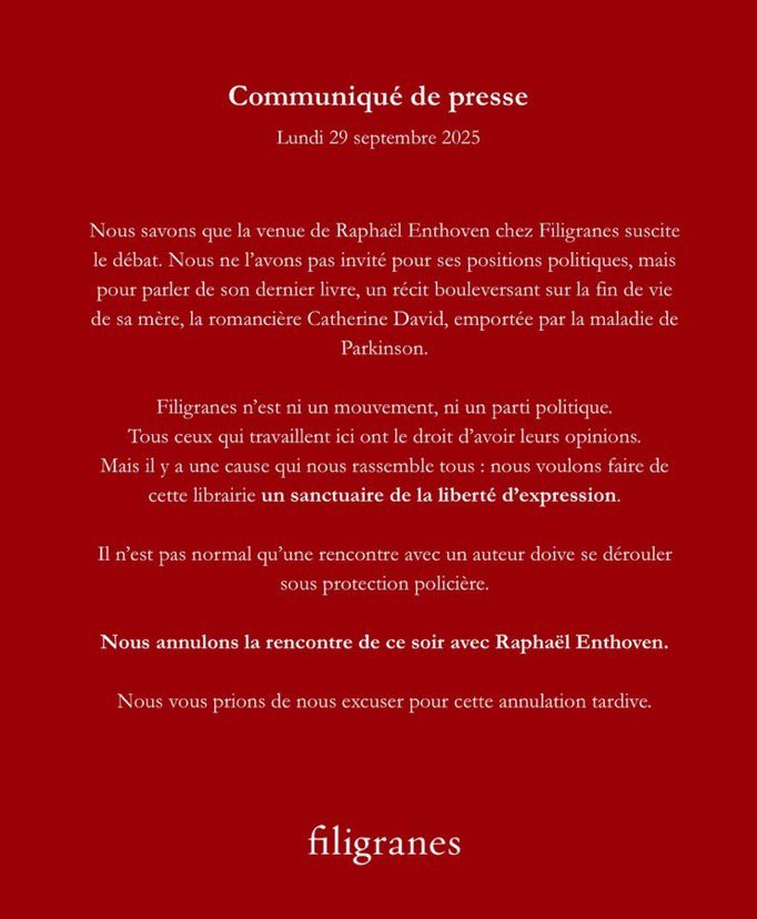 BorisFaure's tweet image. La tartufferie absolue c d'annuler la conférence d'un écrivain au nom de la liberté d'expression @Enthoven_R. @filigranes365 à été  jadis un lieu de célébration de toutes les littératures. Il est devenu ce soir le symbole de la couardise face aux adversaires de la pensée.