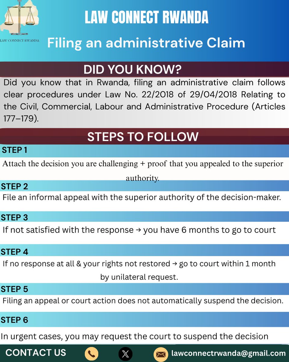 📌 Did you know?
In Rwanda, filing an administrative claim has strict steps 
✔️ Appeal first to superior authority (
✔️ If no response/unfair reply → go to court
✔️ Appeals don’t stop the decision.
 Follow Law Connect Rwanda for legal help &amp; advice.
#RwandaLaw #AccessToJustice