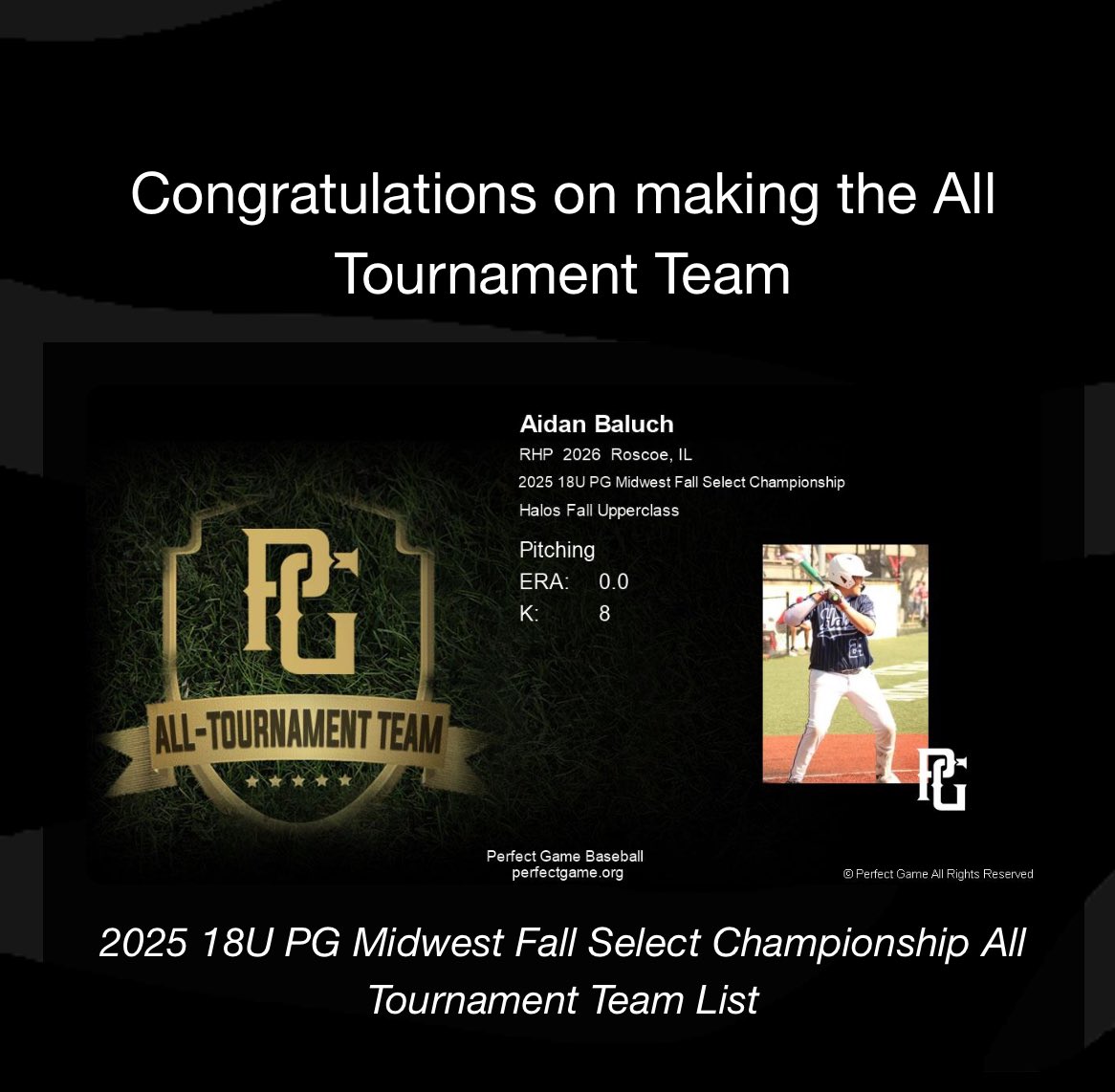Aidan Baluch (@aidanbaluch) on Twitter photo Thank you to <a href="/IowaPG/">Perfect Game Iowa</a> for the selection to the all tourney team earlier this month. <a href="/MidwestHalos/">Midwest Halos</a> had a great run at that tourney!!
<a href="/dclementi13/">Dominic Clementi</a> <a href="/BoylanBaseball/">Boylan Baseball</a> <a href="/r2rbaseball/">Jeff White</a> <a href="/LancerBaseball2/">College of Lake County Baseball</a> <a href="/PG_Illinois/">Perfect Game Illinois</a> Thank you to <a href="/IowaPG/">Perfect Game Iowa</a> for the selection to the all tourney team earlier this month. <a href="/MidwestHalos/">Midwest Halos</a> had a great run at that tourney!!
<a href="/dclementi13/">Dominic Clementi</a> <a href="/BoylanBaseball/">Boylan Baseball</a> <a href="/r2rbaseball/">Jeff White</a> <a href="/LancerBaseball2/">College of Lake County Baseball</a> <a href="/PG_Illinois/">Perfect Game Illinois</a>