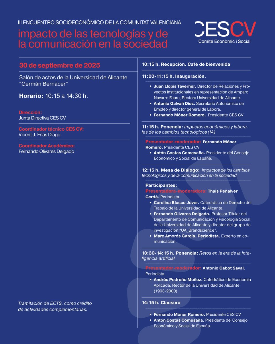 Actualización jornada 
Debido a la situación meteorológica en la Comunitat Valenciana, la jornada del CES CV en la Universidad de Alicante para mañana martes 30 de septiembre, se traslada a formato #ONLINE
🔗 El enlace de la jornada es el siguiente: shre.ink/S8Fs