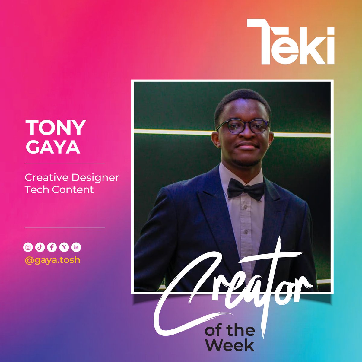 tekiltd's tweet photo. Introducing this week's #Teki #CreatorOfTheWeek: @GayaTosh!
He is a Tech Content Creator and Creative Designer who excels at blending innovation with storytelling.
Join us on Thursday as Tony shares how he takes up space in the Tech Sphere!
#TekiCreatorHub #TonyGaya #TechContent https://t.co/ZXmymjZscS