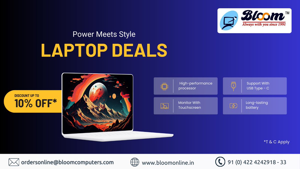 bloomcomputers's tweet image. 🚀 Power Meets Style!
Upgrade your tech game with our exclusive laptop deals – now with up to 10% OFF! 💻🔥 ✨

🔗 Visit: bloomonline.in
🛍️ Limited time only – T&amp;amp;C apply