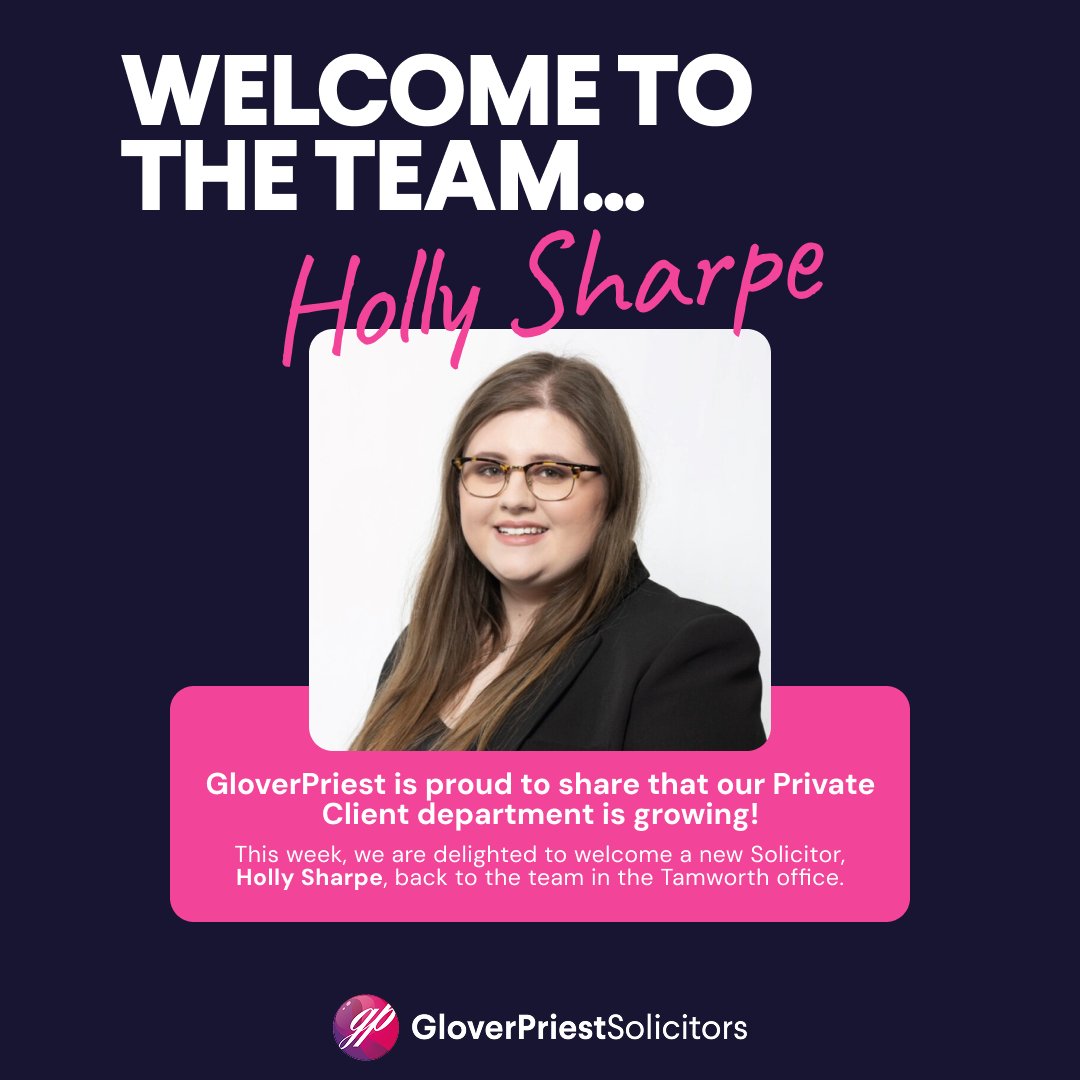 This week, we were delighted to welcome back Holly Sharpe to the team💜

If your looking for a Private Client Solicitor in the Midlands, get in touch today:
📞 Call us - 0121 441 6894
🖇️ Visit Website - visit our website!

#GloverPriestSolicitors #GloverPriestFamily #Solicitor