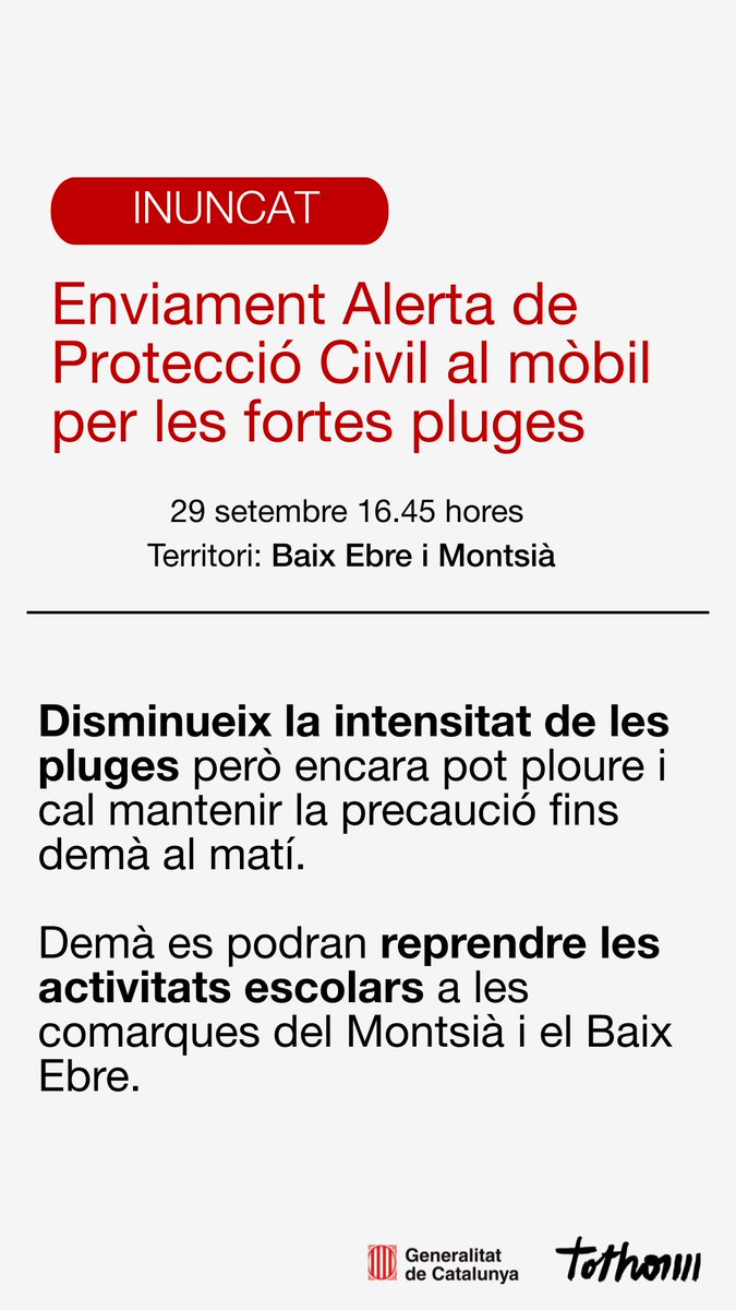 📲 Enviem una nova alerta de #ProteccióCivil als mòbils del Baix Ebre i Montsià 📍

- Dema es podran reprendre les activitats escolars

- Disminueix la intensitat de les pluges

- Cal mantenir precaucions 

- No us acosteu a zones inundables

#AlertaCat #INUNCAT
