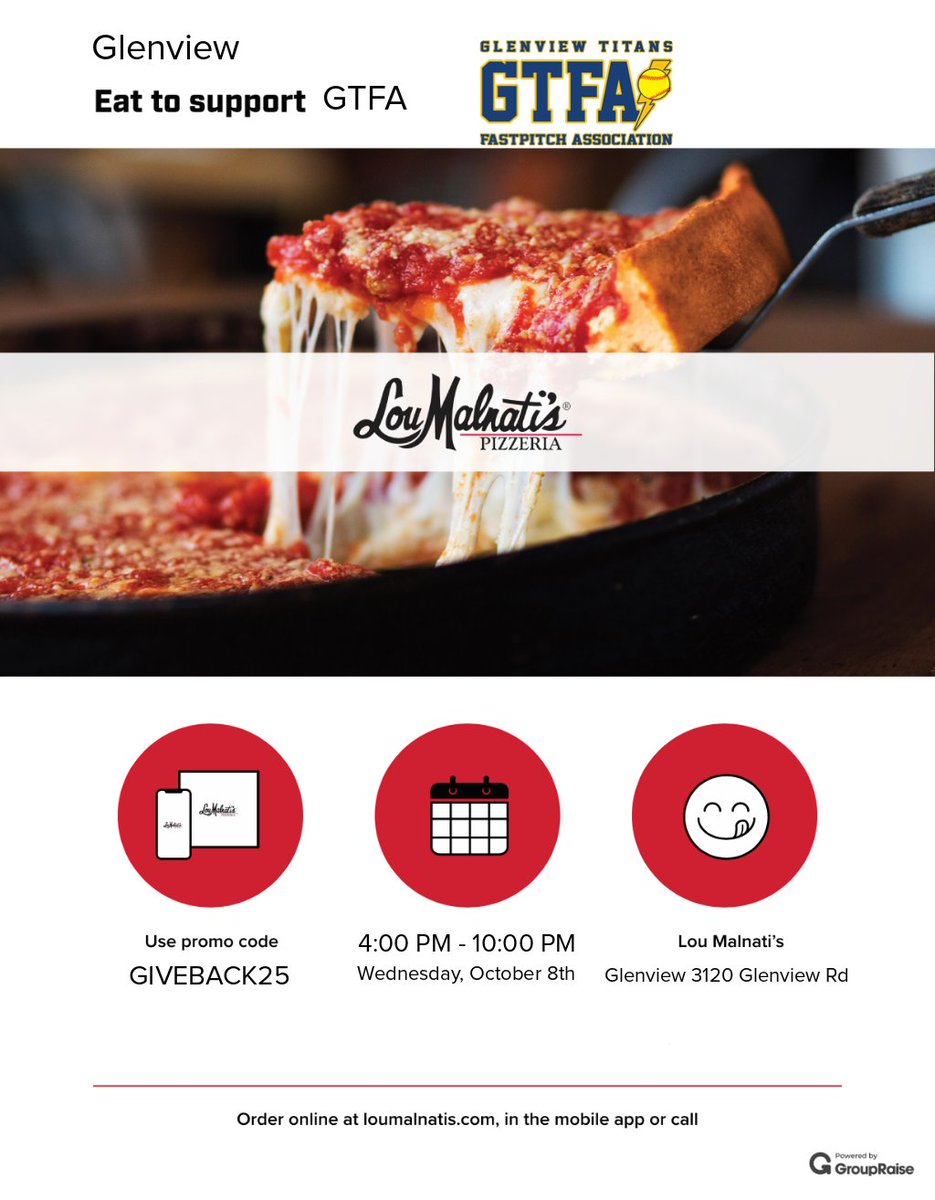 Our most popular dining fundraiser is coming up Oct. 8th! Order a slice, a salad or a bit of each at Lou Malnati's! Check out the attached flyer for promo codes and details. 
🍕🥎