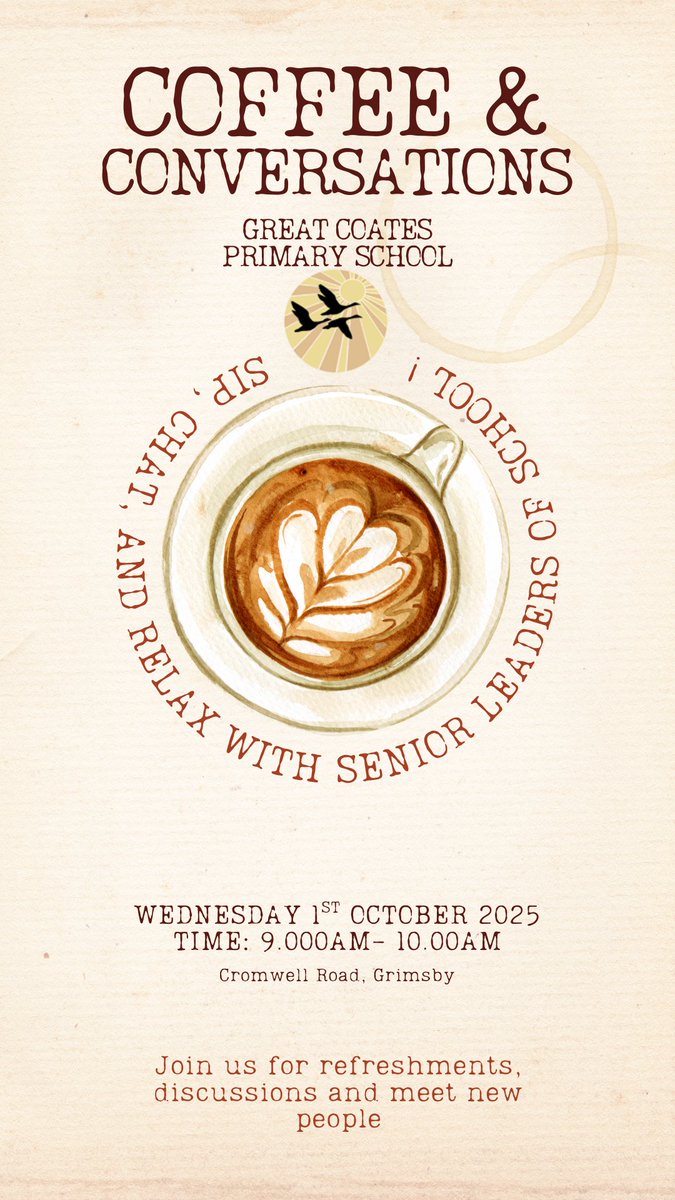 All parents are welcome to come and join senior leaders for a chat and refreshments. Any parents are welcome, even if you haven't got anything specific to talk about. Just come in, meet other parents and have a cup of tea!
<a href="/PrimaryGreat/">Great Coates Primary</a>