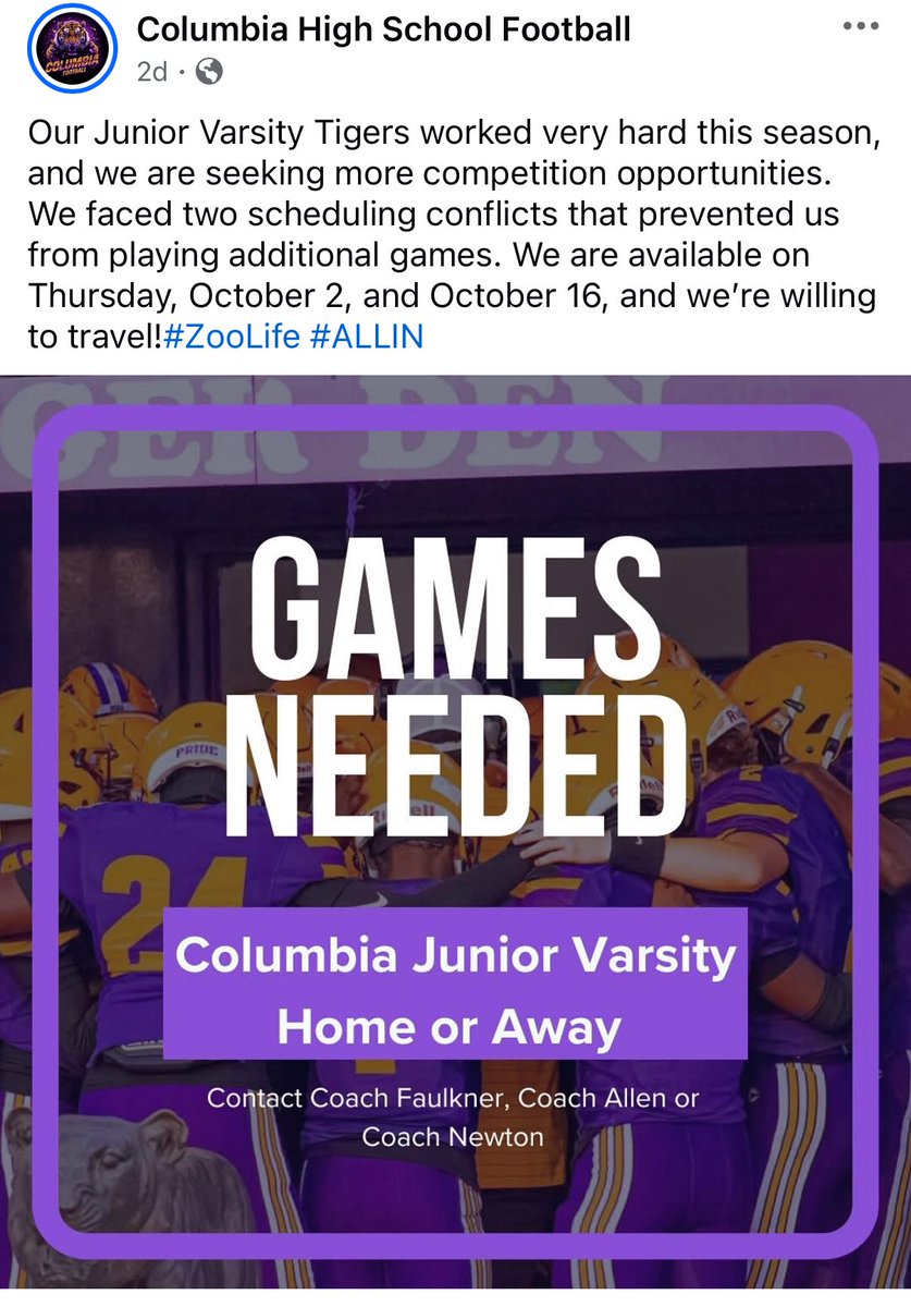 Columbia High Jv looking for two games. If you have an open week that’s fits these two dates and wants to get some action in. Contact the AD, or Coach Allen.