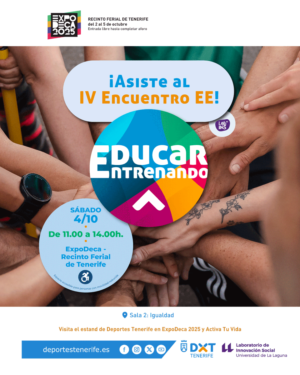 Deportes Tenerife (@dxtenerife) on Twitter photo Estrenamos nueva temporada #EducarEntrenando en el mayor espacio de encuentro de la comunidad deportiva #ExpoDeca
✅ IV Encuentro Educar Entrenando
📅 4/10
⏰ 11:00h
📍 Sala 2
🎯 Entidades deportivas de base de Tenerife
🔗 Entrada libre, con inscripción bit.ly/ee_ivencuentro Estrenamos nueva temporada #EducarEntrenando en el mayor espacio de encuentro de la comunidad deportiva #ExpoDeca
✅ IV Encuentro Educar Entrenando
📅 4/10
⏰ 11:00h
📍 Sala 2
🎯 Entidades deportivas de base de Tenerife
🔗 Entrada libre, con inscripción bit.ly/ee_ivencuentro