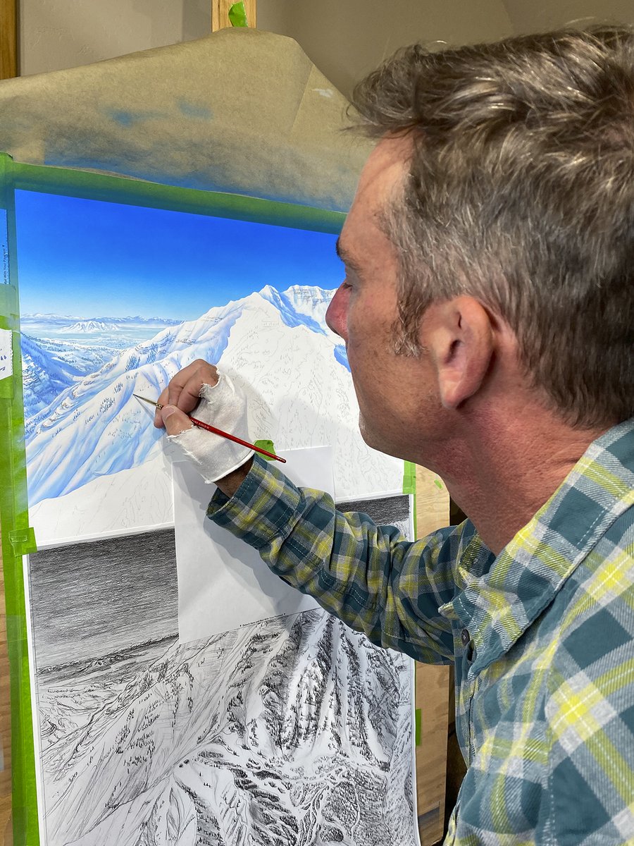 I typically work from top to bottom when painting a map for a ski resort. That’s because the expanse of the sky is more easily applied with an even hand and an airbrush. Once complete I’ll then head for the slopes and begin applying the darkest shadows.

#SkiUtah #WinterIsComing