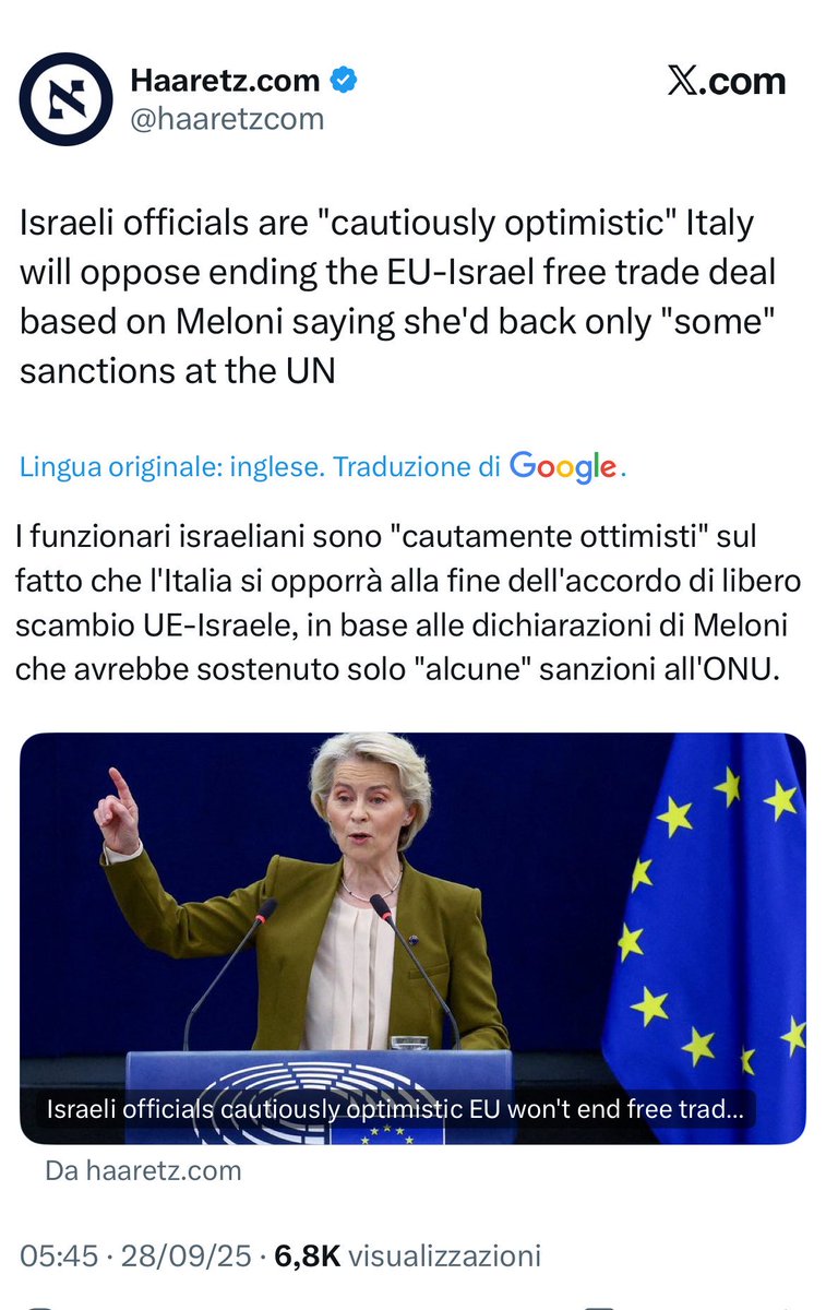 Israele confida nell’Italia per impedire all’UE di sanzionarla.
Oltre a fornire armi e proteggere i criminali israeliani, ora arriva la complicità diplomatica: rompono con le altre nazioni EU e calpestano il diritto internazionale per protegggere i macellai del #GENOCIDIO a Gaza.