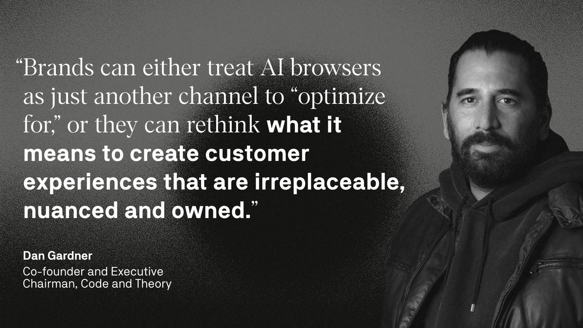 codeandtheory's tweet image. Google is reimagining Chrome with AI—sparking a new race for brands to keep customers. “It's the equivalent of another company planting a sales rep in your store, smiling and helpful as it redirects your customers to competitors,” says Code and Theory's Dan Gardner. Dive deeper…