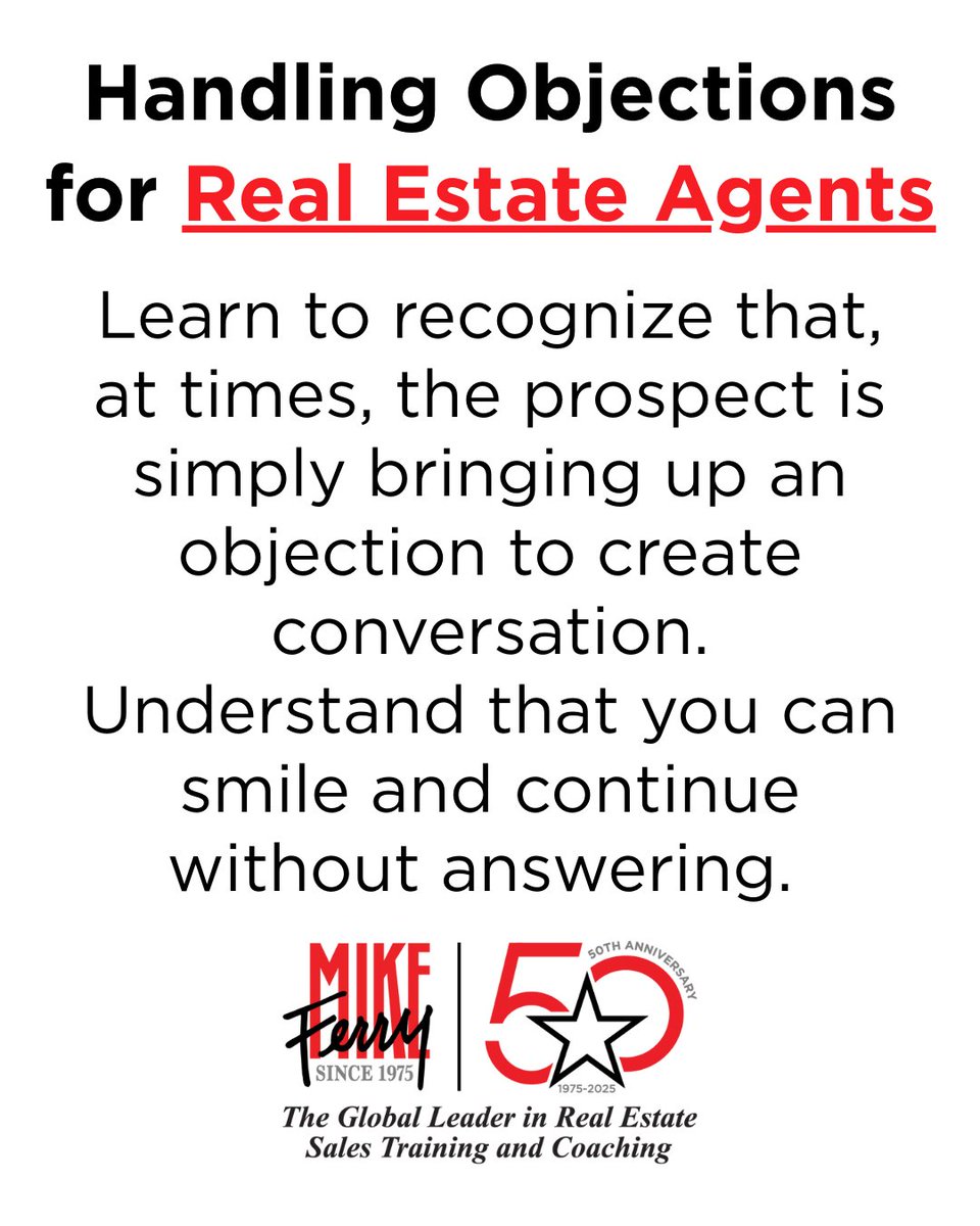 MikeFerryOrg's tweet image. Real Estate Agents! 🚨
Not every objection is real. Sometimes sellers just want conversation. Smile and move forward.
👉 Do you know when to answer… and when to let it go?

#RealEstateAgents #ListingAgent #ObjectionHandling #MikeFerry #RealEstateCoaching