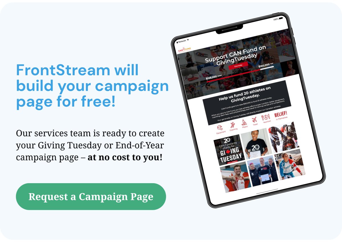 FrontStream's tweet image. We know how important Giving Tuesday is, and how hectic the prep gets.
Our services team is ready to build #GivingTuesday or End-of-Year campaign pages for all our customers – for free. 🧡
Request your free campaign page 👉 hubs.la/Q03KkXFB0