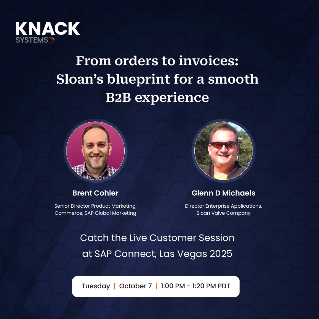 SAP Connect Las Vegas 2025 🎉 hubs.ly/Q03LhHcB0 LIVE on stage: Sloan Valve Company + SAP + Knack Systems! Discover how a unified B2B self-service portal transformed CX—streamlining orders, invoices &amp; more.
 Oct 7 | 1:00 PM PDT
Session ID: CXP1231
🔗hubs.ly/Q03LhHcB0