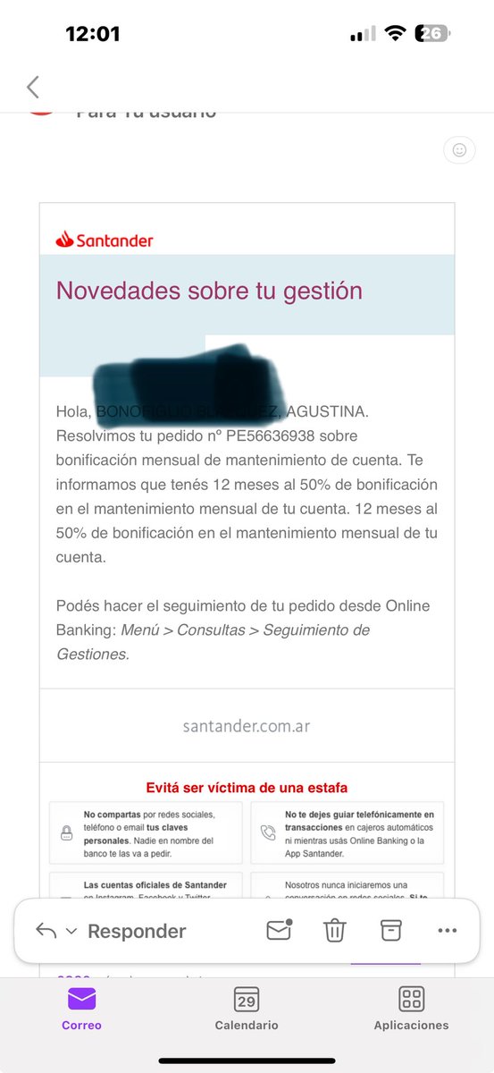 AgusBono's tweet photo. @dzapatillas Santander Río me ofrece una bonificación de la cuenta al 50%. La acepto . Me entra el débito del servicio de cuenta sin bonificación. Reclamo y me dicen que se rechazo. O sea lo aprobaron . Y en privado lo rechazan sin avisarme https://t.co/1dhxhELLLp