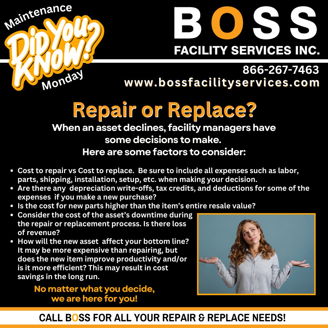 BOSSFSI's tweet image. Did You Know? 🔧💡 When it comes to the decision to repair or replace, the right choice can save you time, money, and headaches. And BOSS can help you evaluate your options. Whatever you decide, we are here to make it happen! 
#BOSS #BossFSI #FacilitySolutions #RepairVsReplace