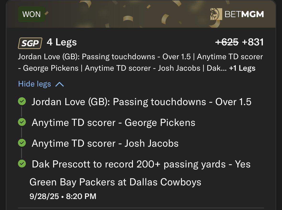 SportsBetsEx's tweet photo. Cash NFL SNF Premium Play +831 🔒

Love Over 1.5 ✅
Pickens TD ✅
Jacobs TD ✅
Dak 200 Pass Yards ✅

Use Code: NFL for 30% off! 
https://t.co/wEw56lK0dy https://t.co/JQe6ANnq3p