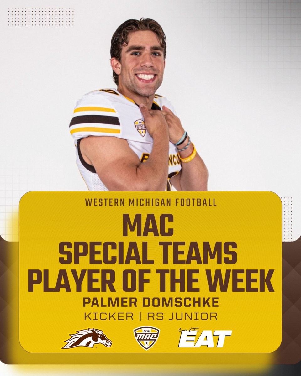 After going 3-for-3 on FGs, including a season-long of 49 yards, and 5-for-5 on XPs,  Palmer Domschke has been named the MAC Special Teams Player of the Week for the second time this season!