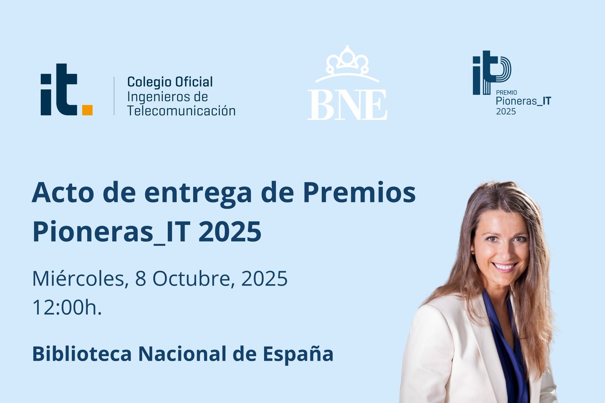 El 8 de octubre celebramos en la Biblioteca Nacional de España la entrega del Premio Pioneras_IT 2025.
Reconoceremos a Patricia Urbez, elegida Pionera_IT de esta edición.
Y entregaremos las Menciones Especiales. 
Toda la información e inscripciones: 
coit.es/eventos/acto-e…