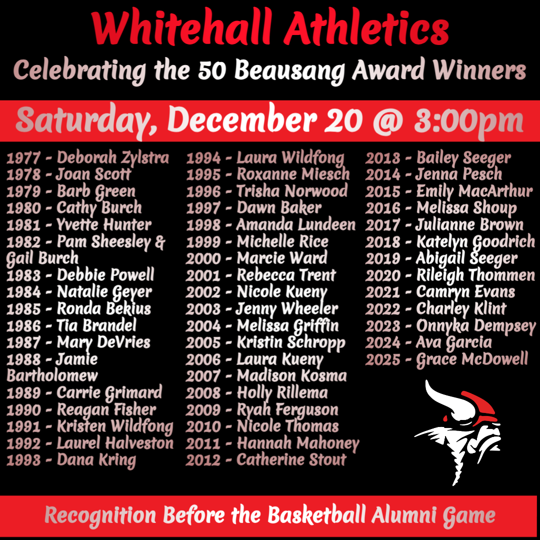 HighWhitehall's tweet photo. Whitehall Athletics would like to celebrate all 50 of the past Beausang Award winners at our annual Basketball Alumni game on Dec. 20. The Gerrie &amp; Carl Beausang Award has been given out to the WHS female athlete of the year every year since 1977. 
https://t.co/MUPNFYm34M https://t.co/PMgDKvhd9q