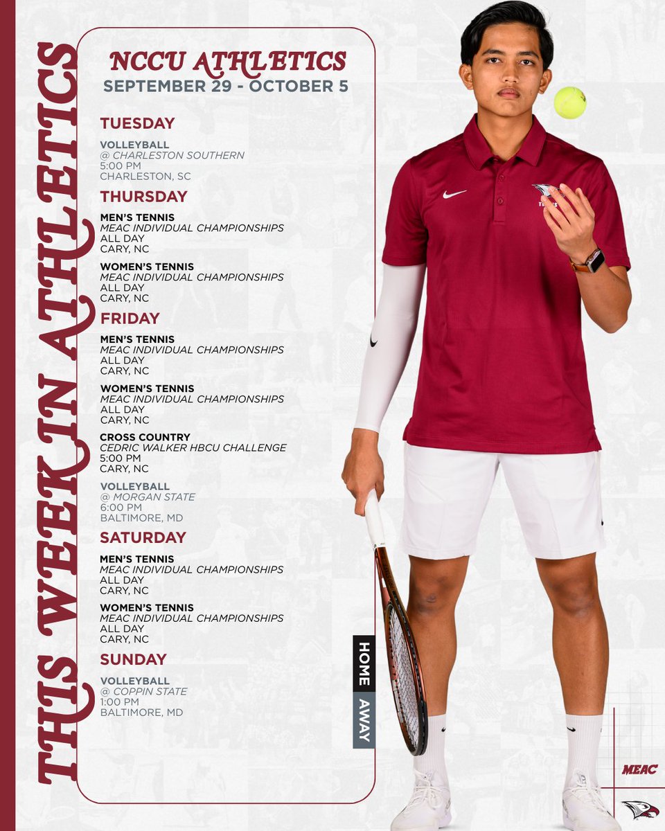 NCCUAthletics's tweet image. Plenty of opportunities to support The Eagles this week... show up, and show out! 🦅
#CultureOverScheme #BeGreat #NCCUFootball #EaglePrideAmplified