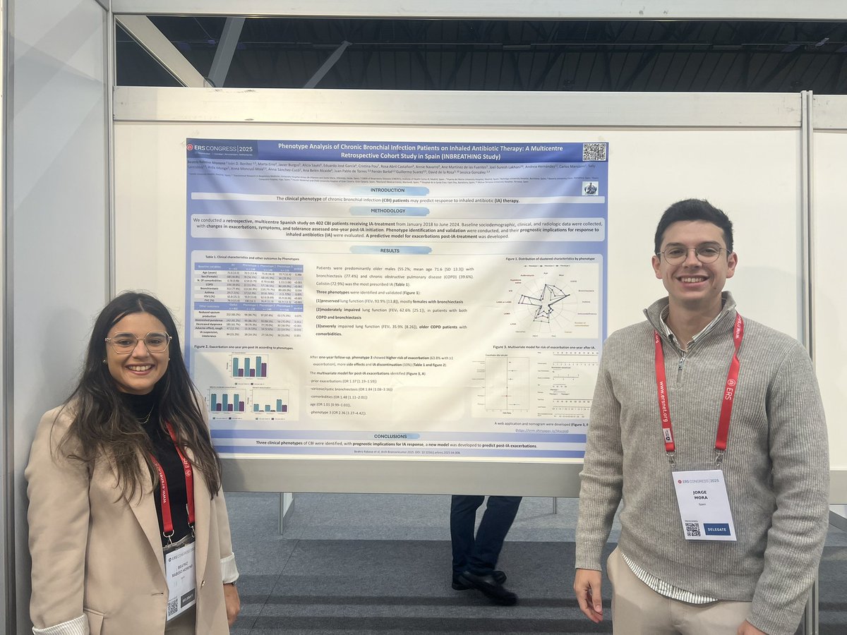 #ERS2025 La Dra <a href="/biosani/">Neumocitocurioso🫁</a>  compañera de <a href="/Neumologia_HUG/">Neumología Hospital Universitario de Getafe</a> 🫁presenta:
- Phenotype analysis of chronic Bronchial infection patients on inhaled antibiotic therapy: A multicentre retrospective cohort study in Spain (INBREATHING STUDY).