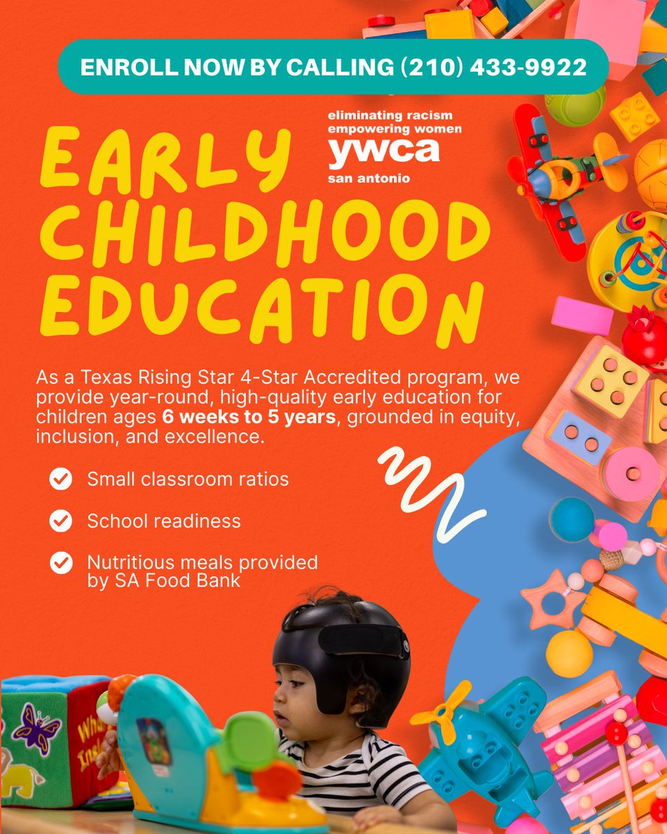 ywcasatx's tweet image. Your child’s future starts today! 🌟 Our Early Childhood Education Program is designed to nurture, inspire, &amp;amp; prepare little ones for lifelong success. Call us now at (210) 433-9922 to enroll and secure your spot!

#EarlyLearning #BrightFutures #EnrollToday #SATX #MissionMonday